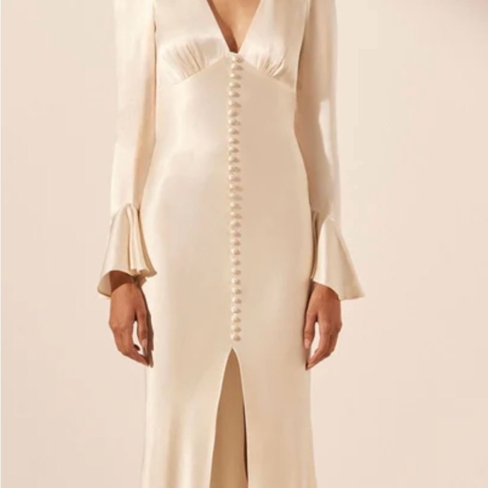 Shona Joy La Lune Frill Cuff Bias Midi Dress Cream Silk